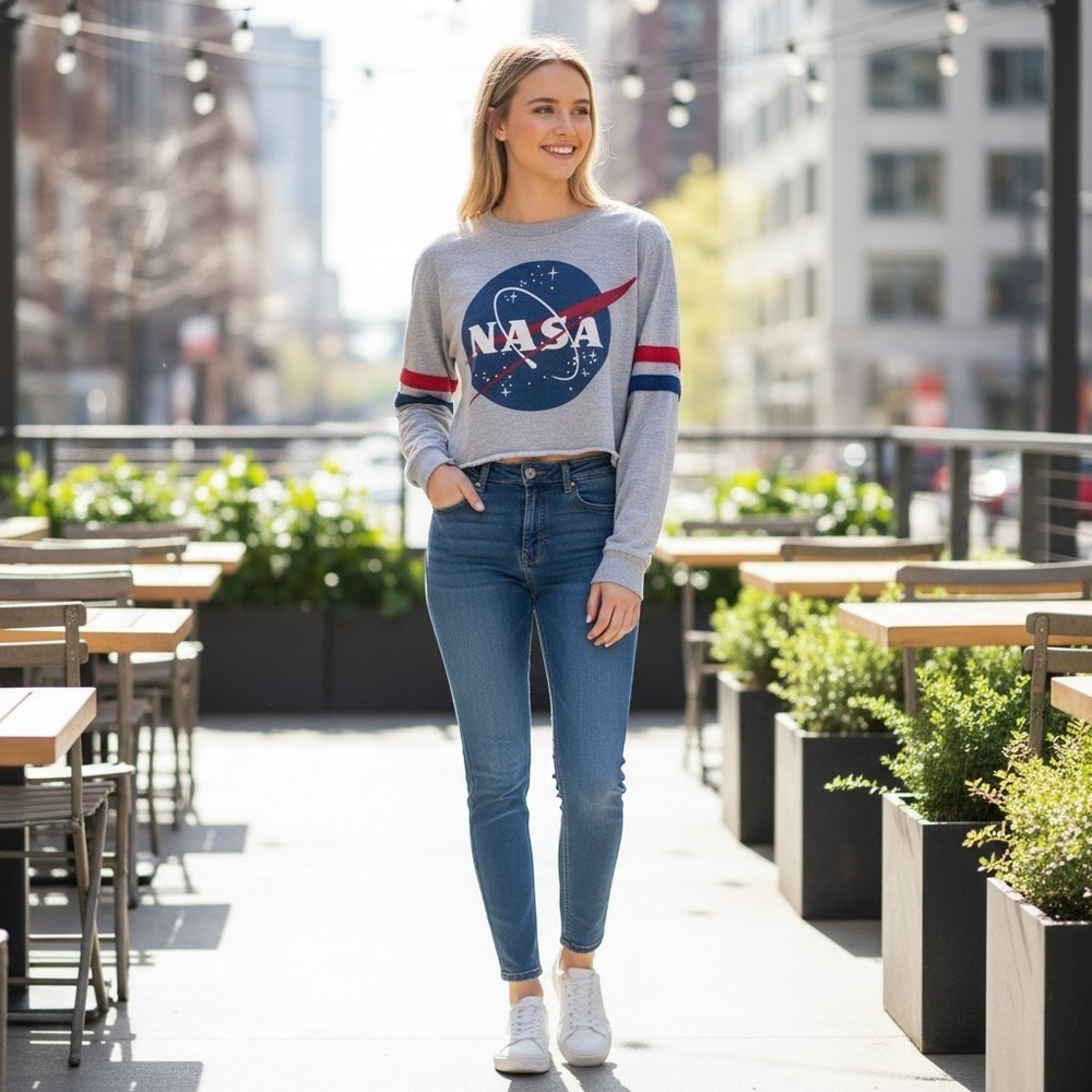 Mighty Fine NASA Cropped Long Sleeve Sweatshirt Retro Varsity Stripes Sz L